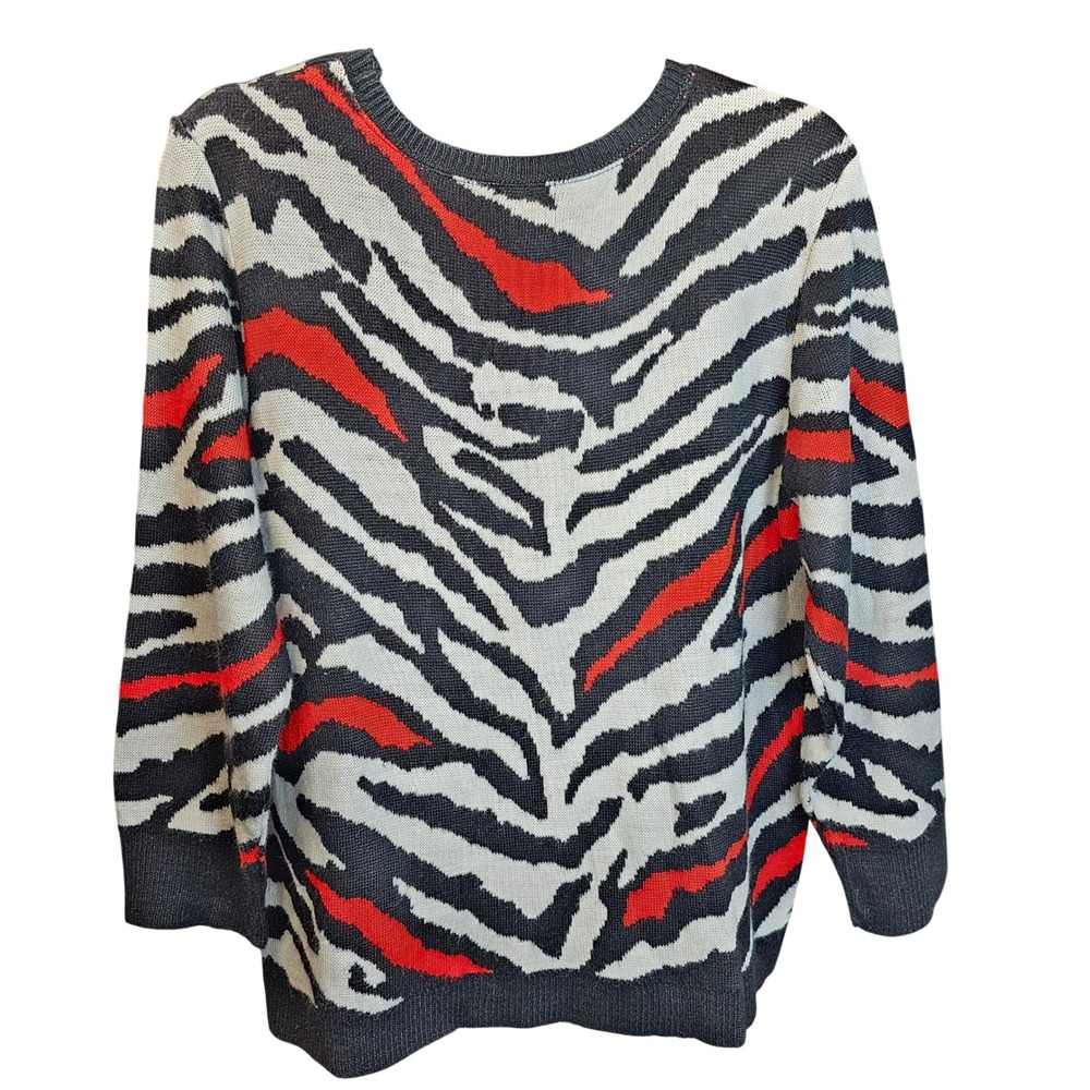 Ruby Rd Womens Zebra Animal Print Sweater Red Black White Crew Neck Large USA - Picture 2 of 5